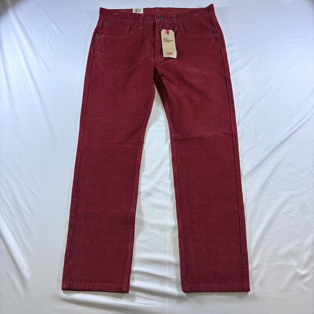 Levis 502 Regular Taper Corduroy Pants Mens 32x30 Burgundy Red Warp Stretch NEW